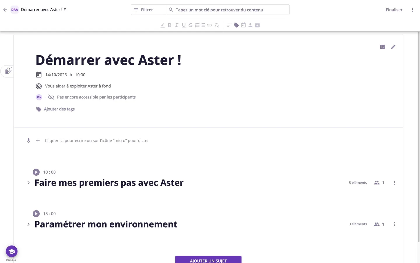 Aster : une réunion, avec son ordre du jour minuté