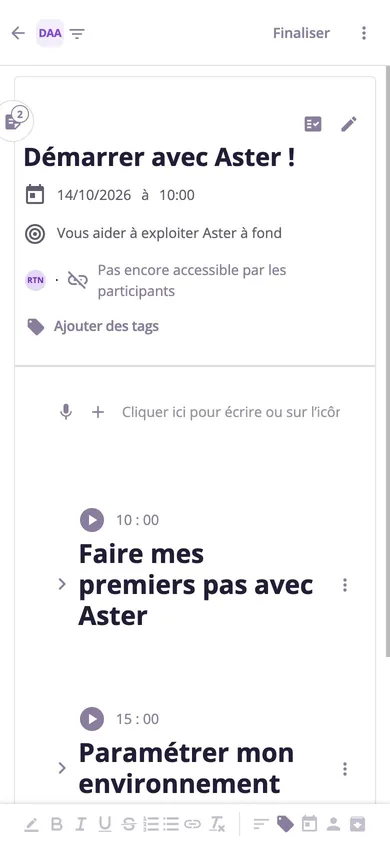 Aster sur mobile : une réunion et son ordre du jour