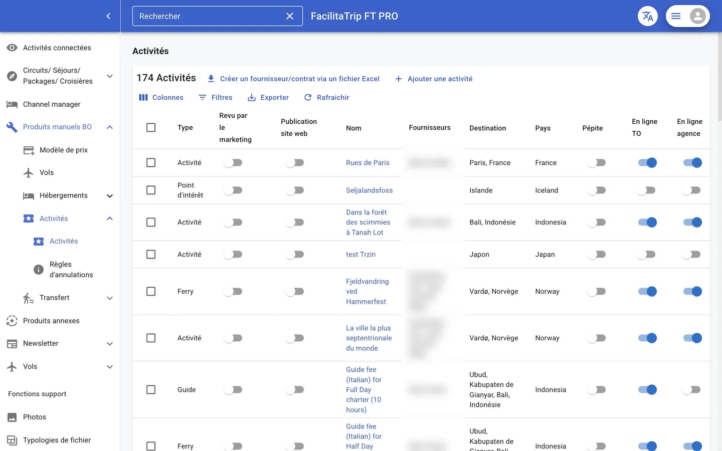 Back-office : liste des activités créées à la main