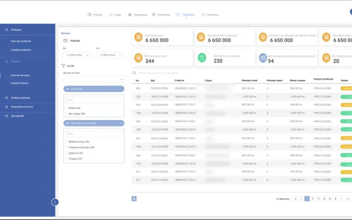 Liste des factures de la plateforme de facturation