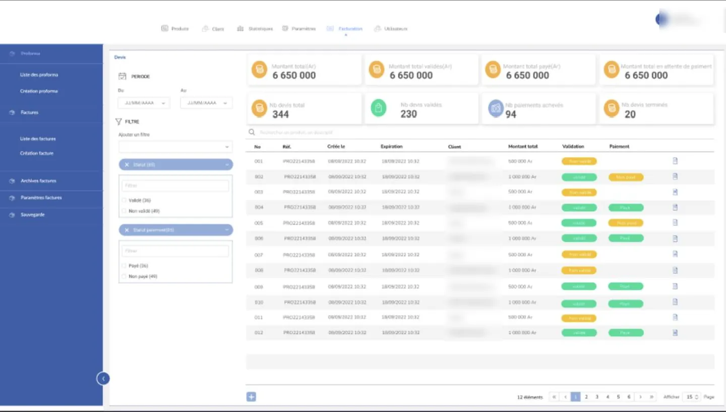 Liste des devis avec leur validation et leur paiement