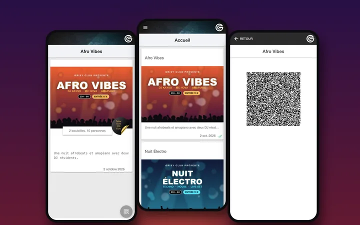 Trois écrans de l’application mobile Grisy