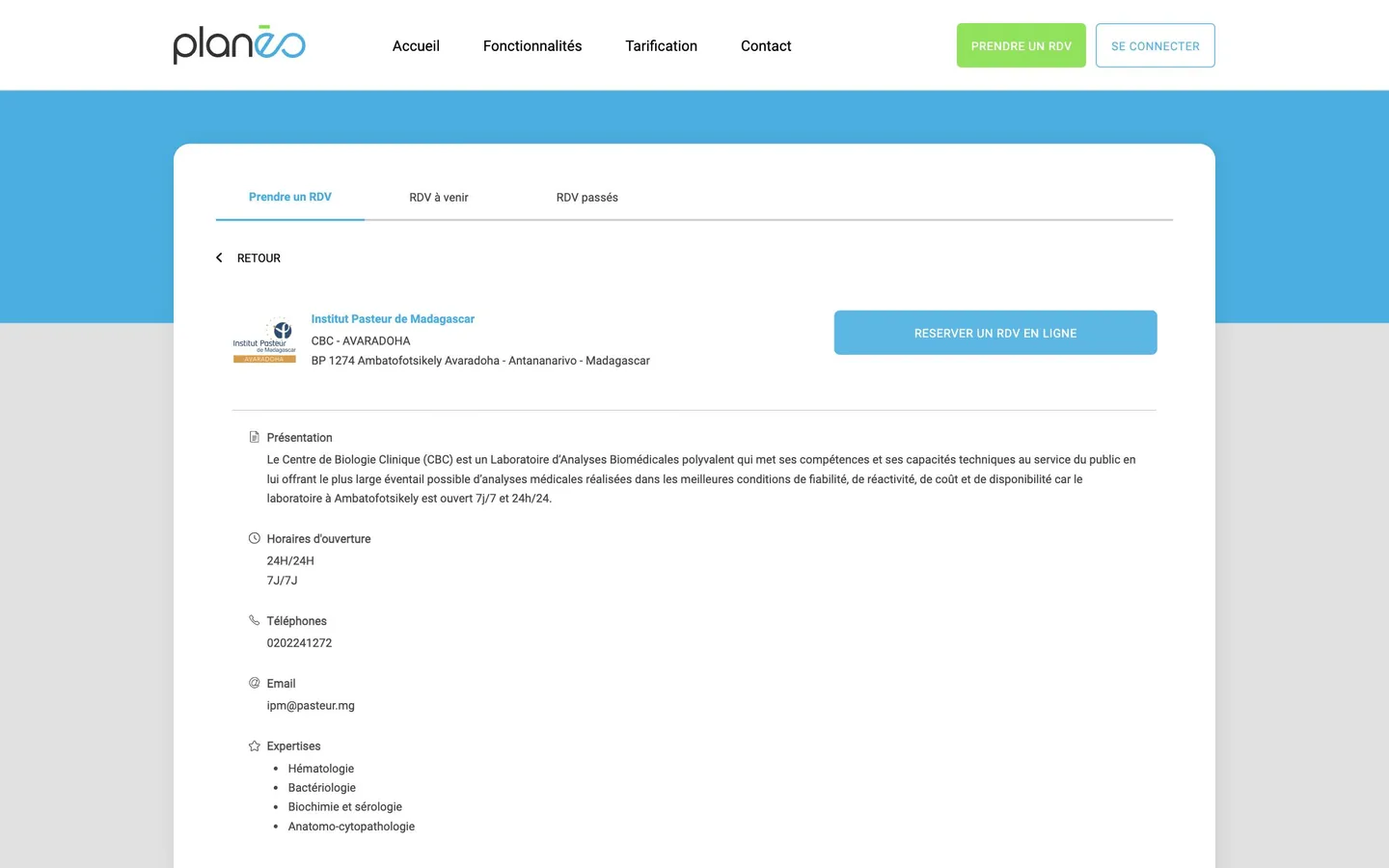 Planéo : fiche d’un établissement, avec ses horaires et ses expertises
